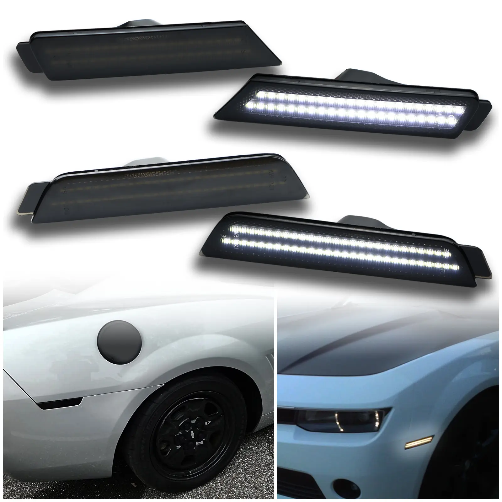Smoked Lens LED Side Marker Lights Kit - 4pc Automotive Car Light & Car Side Lamp for Chevy Camaro 2010-2015 Owners, ABS, Water Resistant, Bright White Front & Rear Turn Signals, Plug & Play Direct Replacement