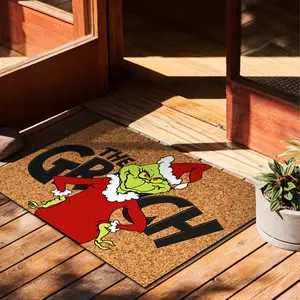 Grinch Christmas Flannel Door Mat, "Merry Grinchmas" Design Non-Slip Floor Mat, Indoor Outdoor Welcome Mat for Home Entryway Holiday Decor