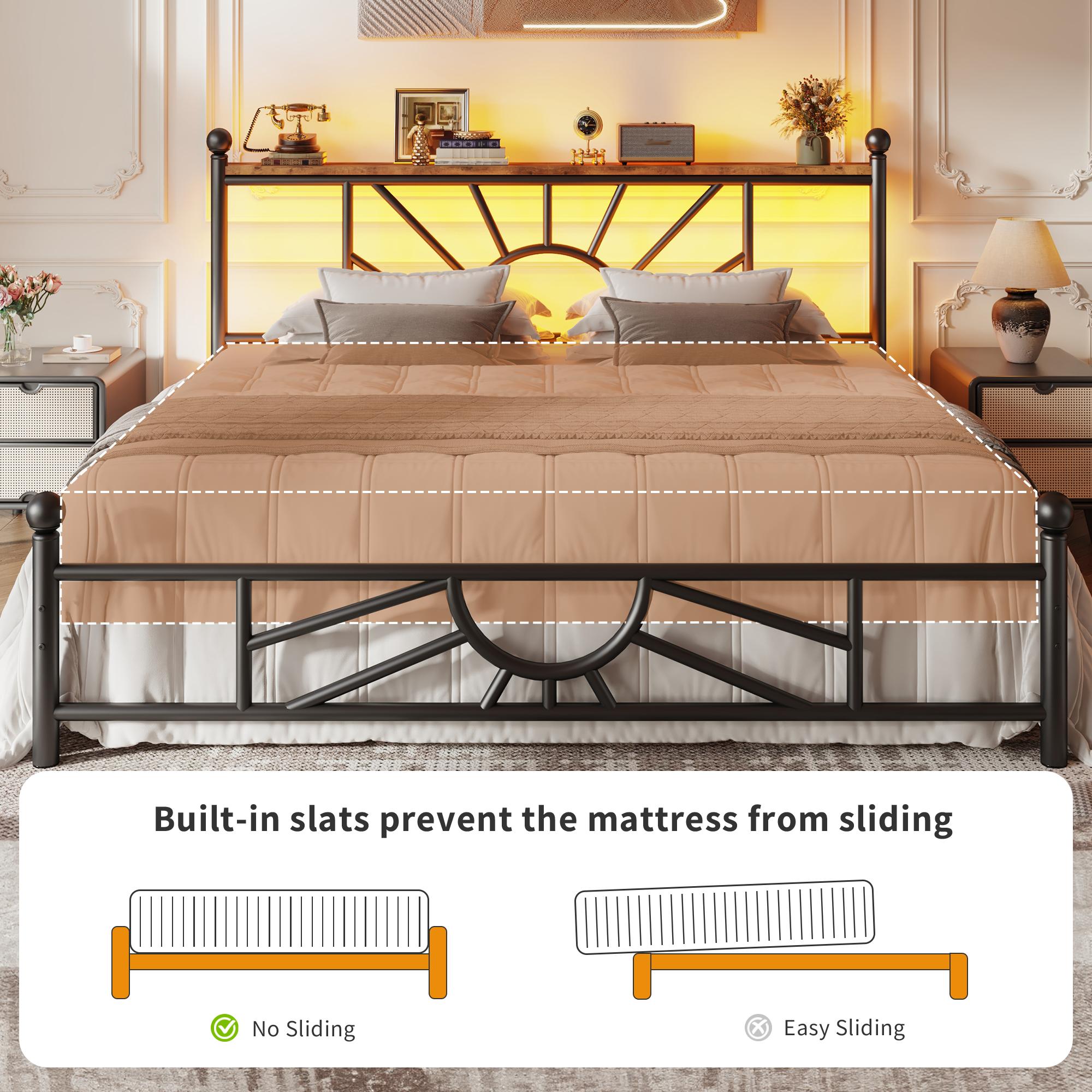 【1300 lbs Capacity】King Queen Full Metal Bed Frame with Headboard & LED, NO MATTRESS,Under Bed Storage Space & Strong Metal Slats, Iron Bed Frame, Noise-Free, Easy Assembly, Modern Bedroom Furniture,Easy Assembly,Black