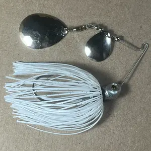 Custom Bingo Spinnerbait, 3/8oz White/Silver Flake Double Colorado Nickel/Nickel Brass Based Blades with 80-Strand Tournament-Grade ProUmbrella Skirt, Premium Components, Hand-Crafted in Texas, USA.