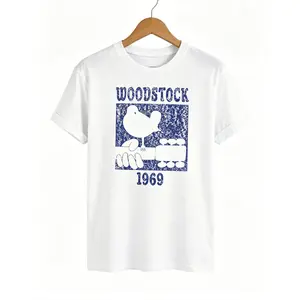 Women's Woodstock 1969 Printed Short-Sleeve T-Shirt, Casual Round Neck Sports Top, Polyester Knit Fabric with Medium Stretch, Animal Pattern, Summer Women's Clothes