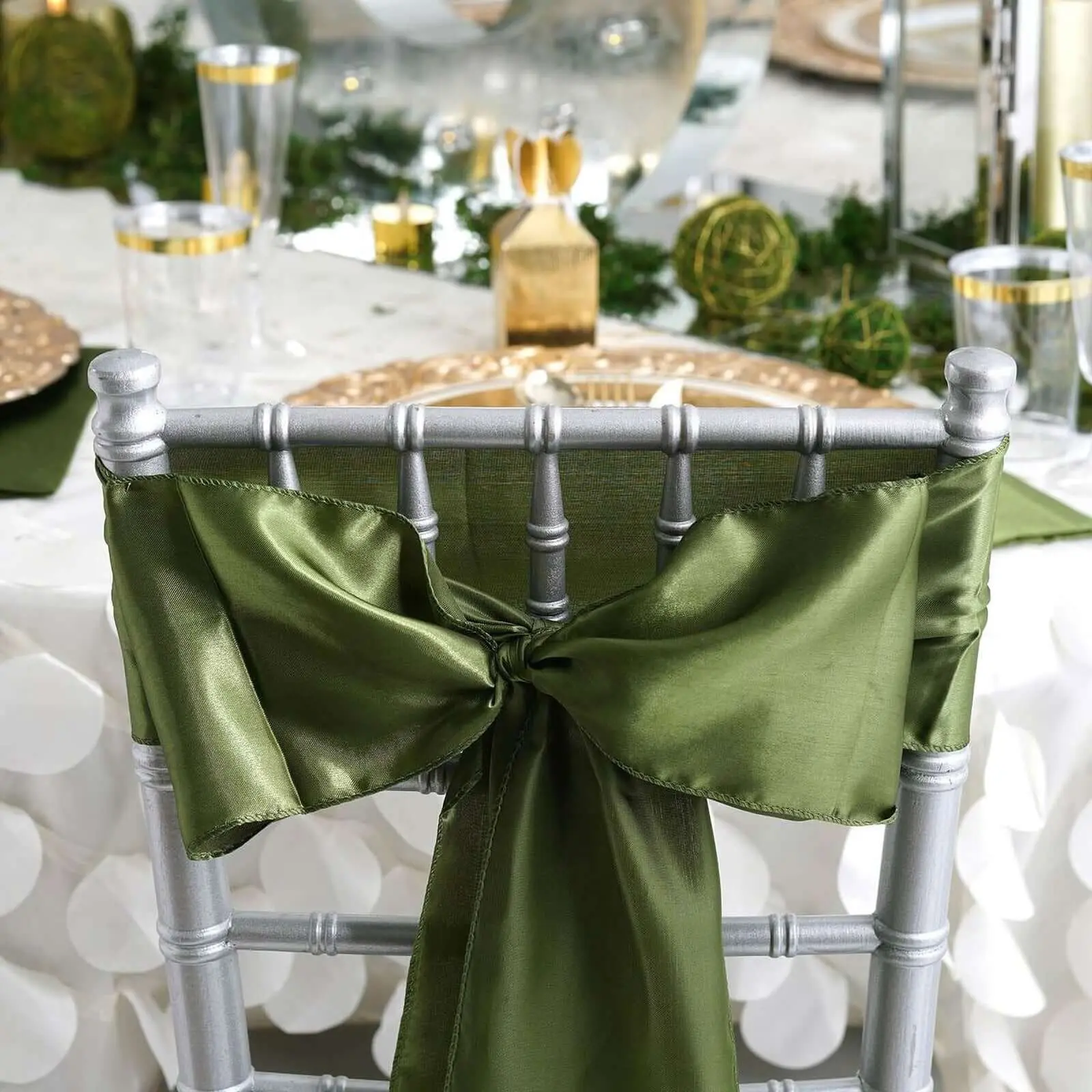 Olive Green Satin Chair Sashes (5-Pack, 6"x106"), Reusable Bows for Banquets, Wedding Events - Smooth Finish, Dry Clean Only