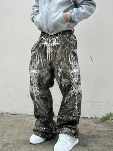 Y2K Dark Techwear Leaf Camo Pants with White Metal Print Streetwear Gothic Wide Leg Drawstring Trousers Y2K