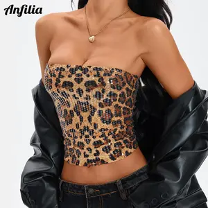 Women's Sexy Nightclub Leopard Print Sequin Halter Top, Back Zipper, Slim Fit Inner Tank, Fashionable Y2K Style Tops