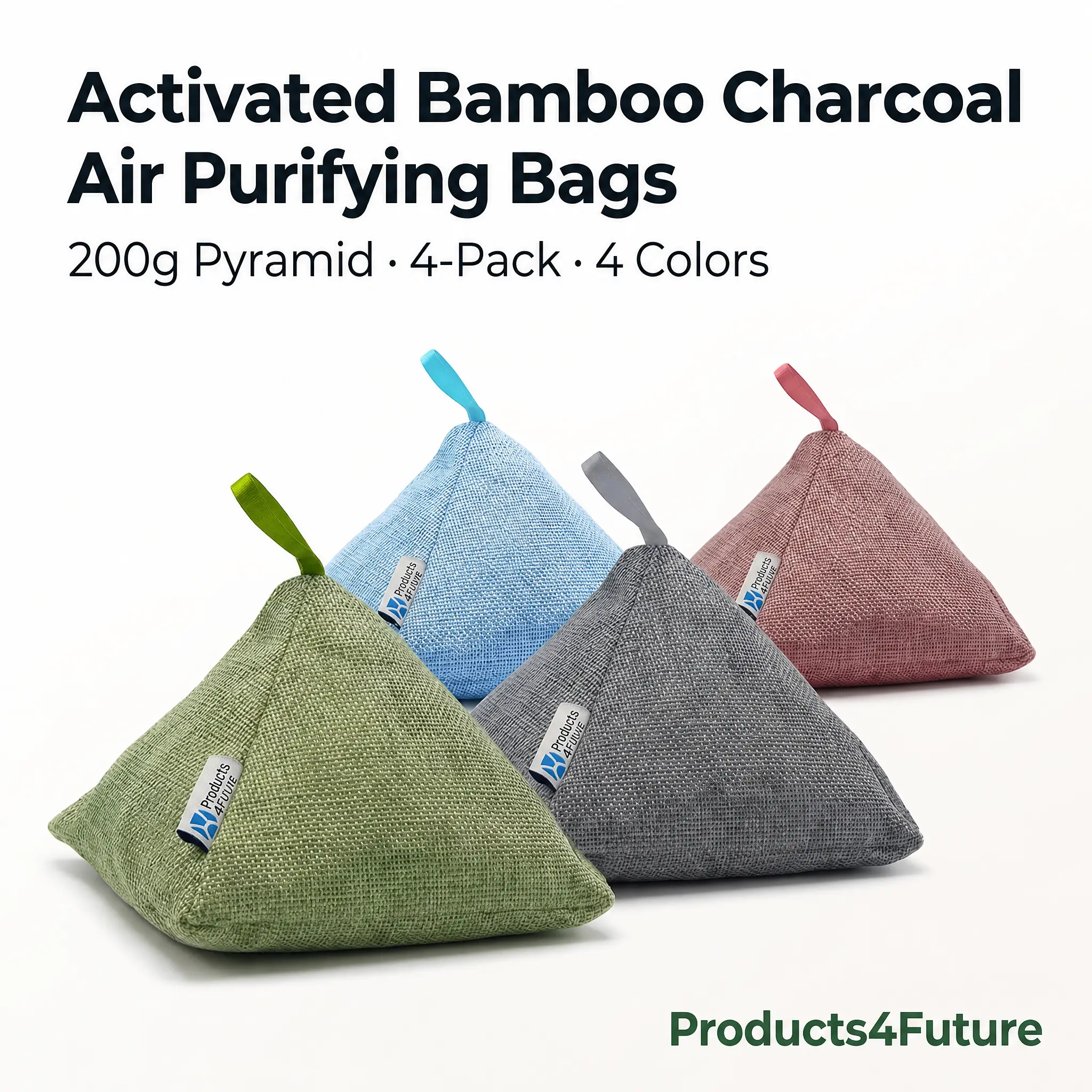 4-Pack Naturally Activated Bamboo Charcoal Air Purifying Bags, 200g Pyramid Charcoal Air Purifiers, Natural Home Deodorizer & Moisture Absorber for Pet Odors