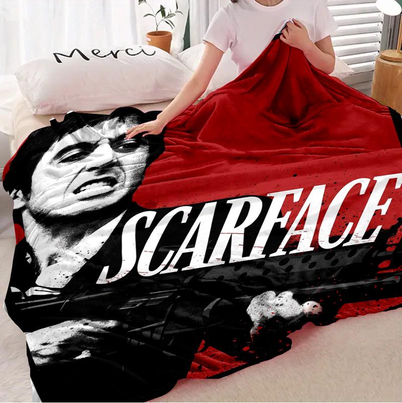 Scarface Tony Montana Fleece Throw Blanket, Al Pacino Classic Gangster Movie Graphic Plush Blanket, Red Black Splash Print, Cozy Soft Blanket For Movie Fans Couch Bed Home Decor