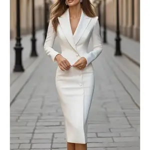 Women'sWhiteDouble-BreastedBlazerMidiDress