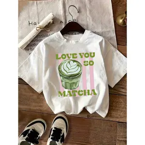 Wo Matcha Green Tea T-Shirt |   H-Line Short Sleeve Top With Matcha Tapioca Tea Cup And Matcha Latte Print, Soft Breathable Fabric, Casual Loose Fit, All-Season Comfortable Outfit, summer clothes
