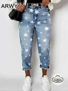 Women's Casual Star Print Denim Jeans, High Waist Straight Leg Fitted Pants, Comfortable & Stylish Daily Wear, Perfect for All Seasons