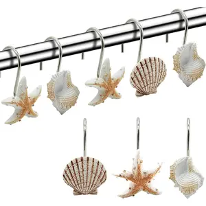12PCS Anti Rust Decorative Resin Shower Curtain Hooks for Bathroom, Baby Room, Bedroom, Living Room Decor (Light Brown Seashell)