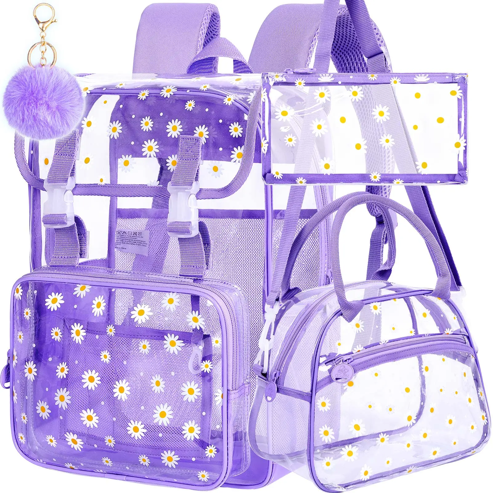 3PCS Clear Backpack, Heavy Duty Transparent Bookbag for Girls Women, Stadium Approved See Through Backpack with Lunch Box (Purple Daisy)