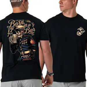 Born In A Bar T-Shirt, 2 Sides Skeleton Marine With Beer Graphic, 1775 USMC Tribute, Soft Cotton Blend Shirt for Men & Women, Patriotic Gift