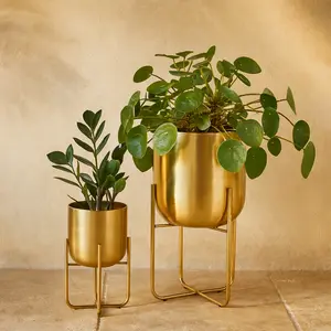 Set of 2 Metal Brushed Dome Indoor Outdoor Planter with Curved X-Shaped Stands Set of 2 16", 13"H
