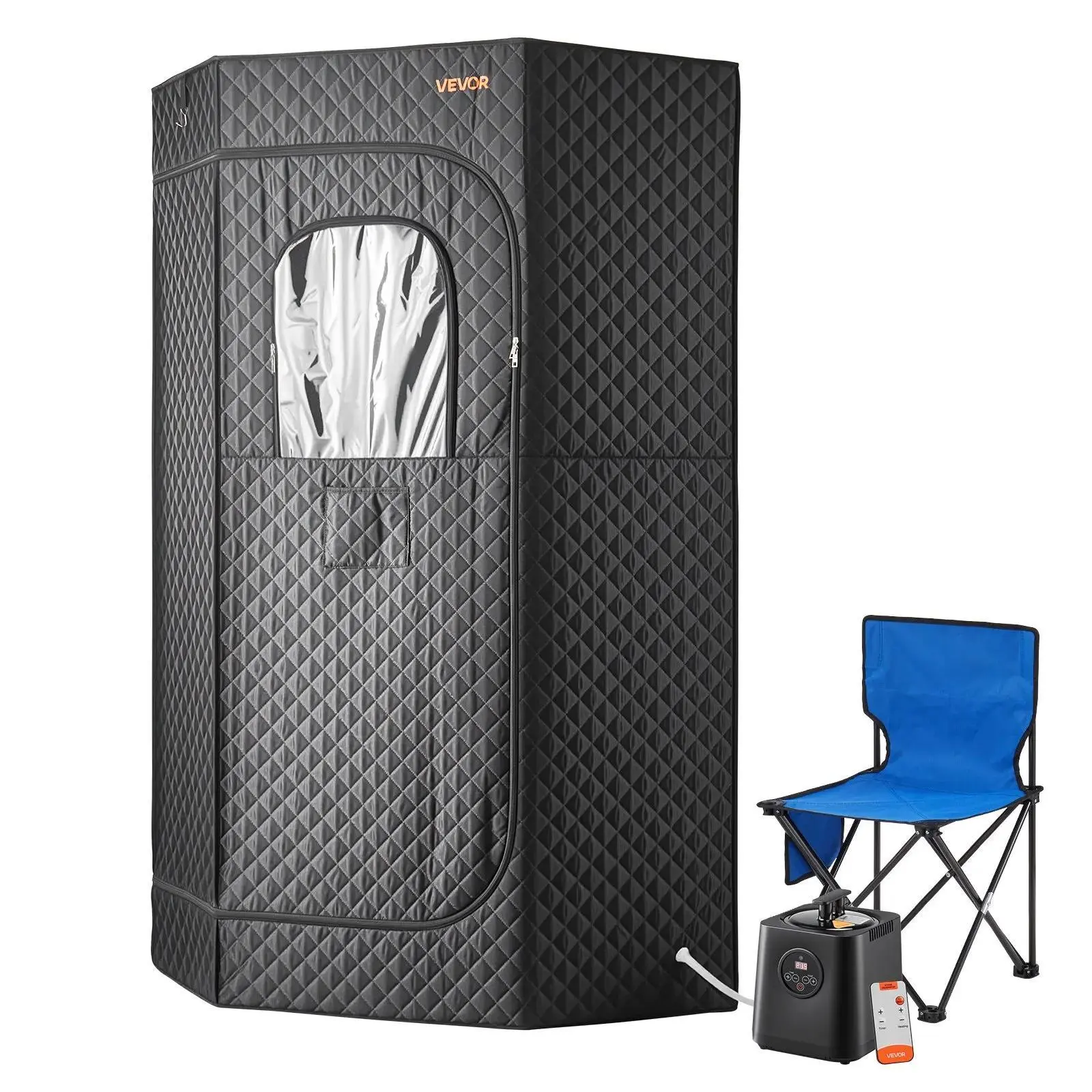 VEVOR 1-Person Steam Sauna Kit for Indoor Home Spa, Upgraded Heavy-Duty Stainless Steel Pentagonal Black Tent, 1200W Steamer, 1 Foldable Chair, Remote, Essential Oil Box, 10-Min Rapid Full-Body Heat Sweating Session