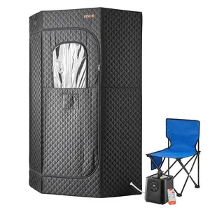 【FathersDayGift】VEVOR Upgraded Portable Steam Sauna for Home,  1 Person Full Body Home Spa Tent with Steamer & 1 Foldable Chairs & Remote & Essential Oil Box,Heavy-Duty Stainless Steel Sauna Box, (Black,Pentagon)