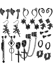22 Pcs Men's Earrings Ladies Black Earrings Men's Stainless Steel Punk Earrings Black Earrings Hinge Hoop Cross Earrings Gothic Y2k Black Earrings Unisex.