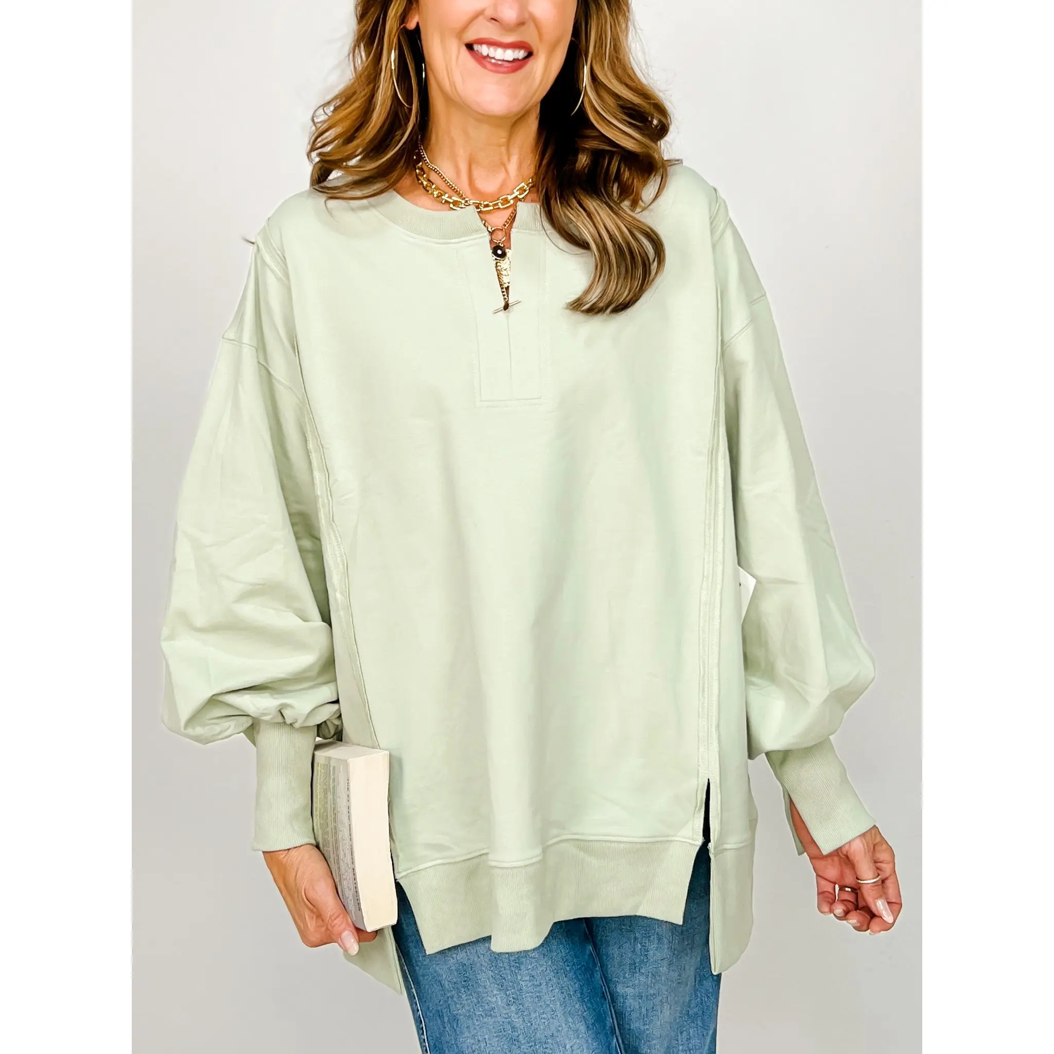 Loose Fit Long Sleeve Top With V-front Neck Slit