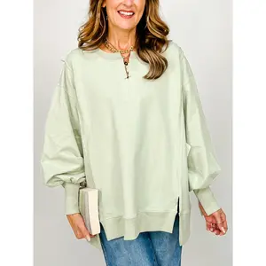 Loose Fit Long Sleeve Top With V-front Neck Slit