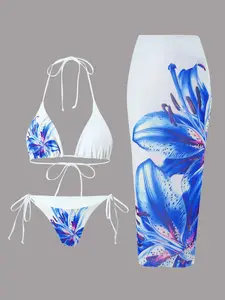 Three-Piece Set Women's Floral Print Bikini Set & Cover Up Skirt, Casual Fashion Chic Swimsuit Set, Ladies Swimwear for Beach Holiday Vacation, Bikinis Set, Floral Print Swimsuits