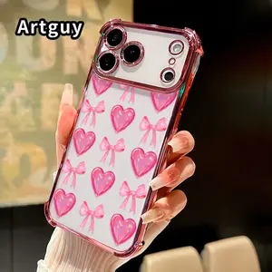 Phone Case for iPhone 17 Pro Max 16 15 Plus Air 14 13 12 11 E Pink Heart Bows Pattern Four Corners Reinforced Shockproof Transparent Soft Silicone Cover