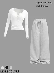 Women's Long Sleeve T-Shirt Set + Drawstring Waist Wide Leg Pants, Casual Round Neck Top & Gym Commute Wear, 2 Piece Stretchy Suit Set, Sweatsuit Set Outfit, Sweatsuit Outfits