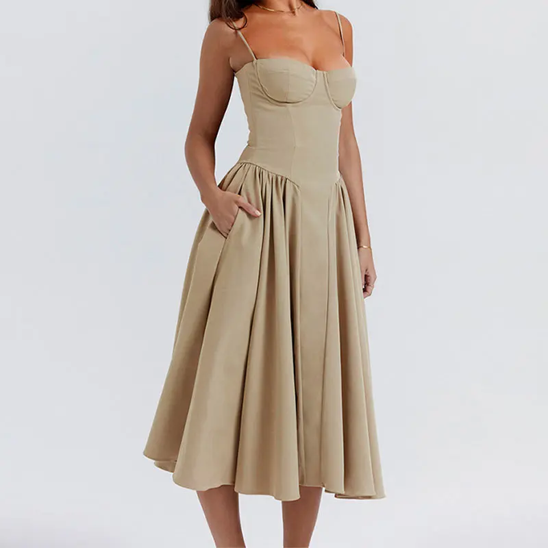 Womens Corset Dress Elegant Spaghetti Strap Bustier Midi Dress Low Cut  Flowy Pleated Hem Formal Dresses with Pockets Fit Womenswear Comfortable  Fabric Summer Polyester Sleeveless Retro - TikTok Shop