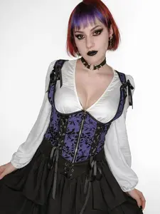 Rgothic Gothic Purple Lace Up Corset Top for Women – Zip Front Floral Bustier Crop Tank,Women’s Gothic Lace Up Bustier Top – Purple Floral Zip Front Crop Corset Gothic niche Bustier