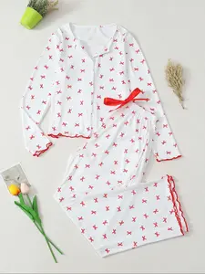 New Plaid Bow Print V Neck Long Sleeve Women's Pajama Set, Comfortable Fabric, Casual Daily Elegant Fashion Sleepwear, Loungewear