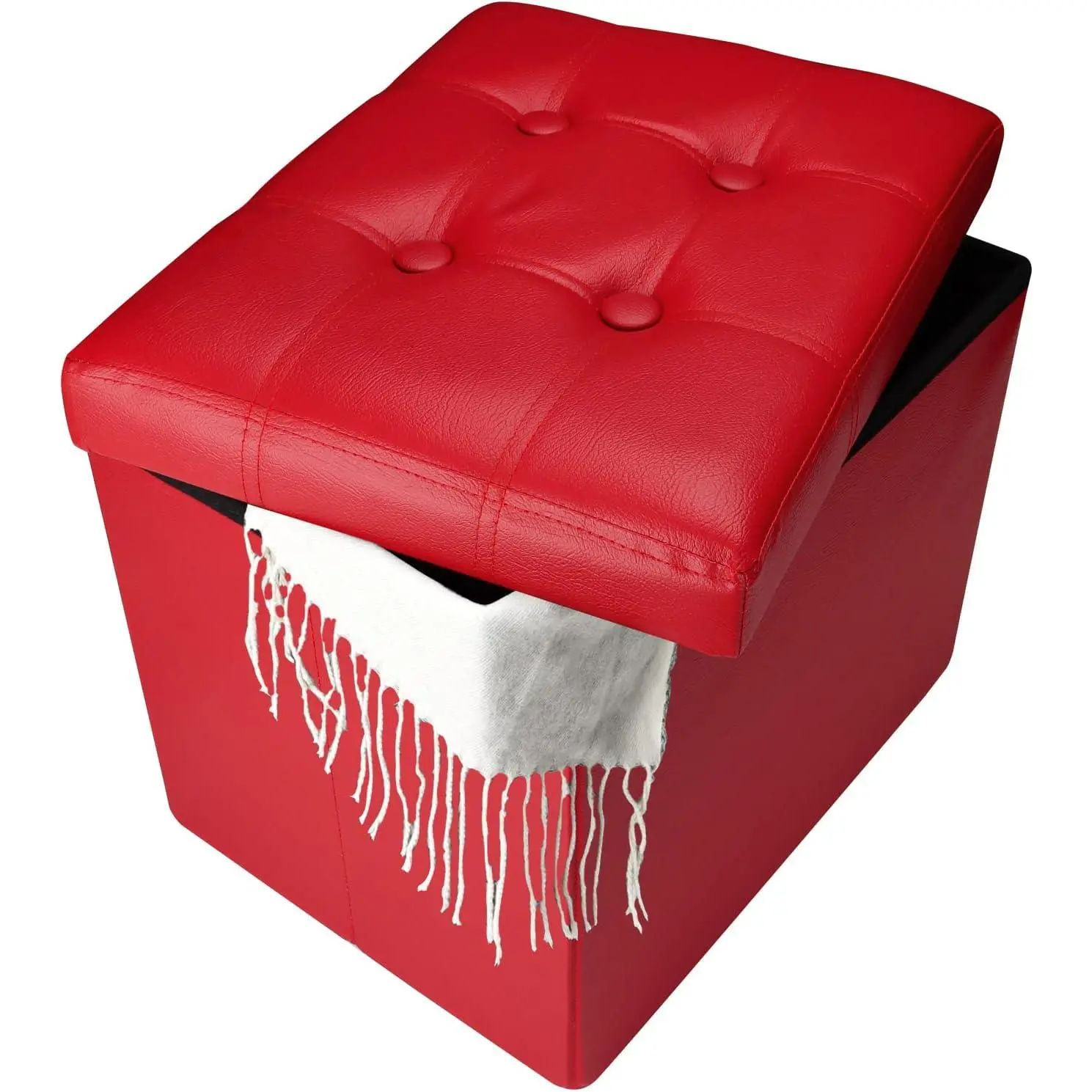 Storage Ottoman, Folding Foot Stool with Thicker  Padded Seat Small Leather Storage Ottoman Bench Foot Rest for Living Room Foldable Coffee Table 17x13x13in,Red