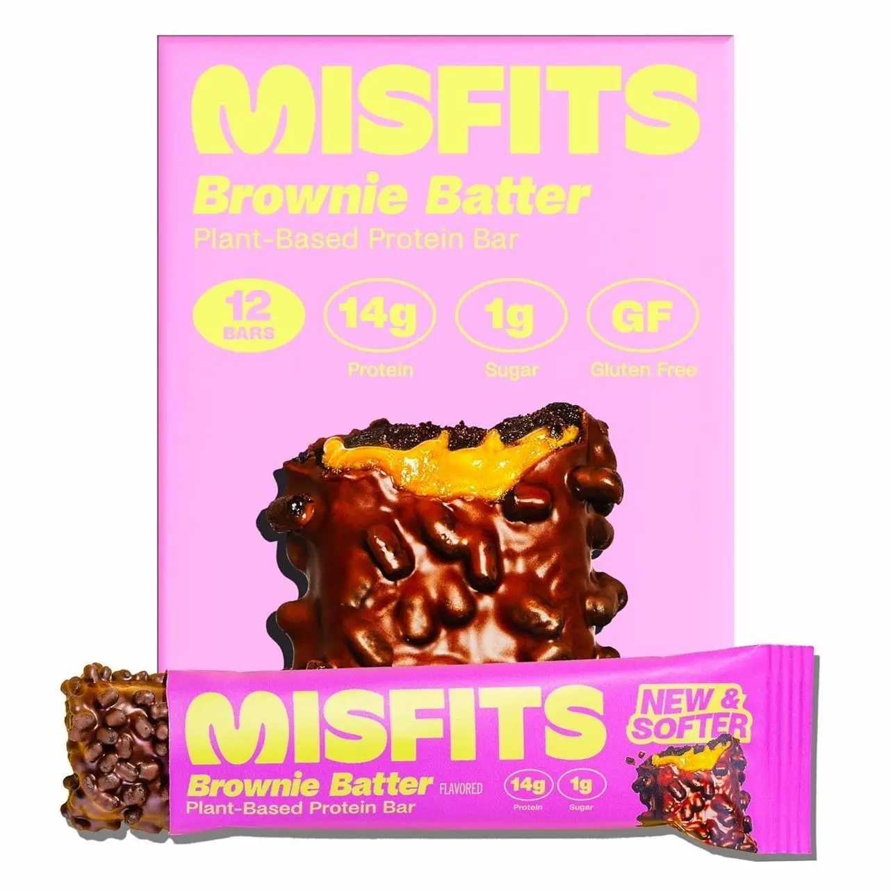 Misfits Vegan Protein Bars - Fudgey Brownie Batter| Nutrition Bars - 14g Protein, 1g Sugar, Plant-based, Low Carb, Non-GMO, Gluten Free Snacks | Pack of 12