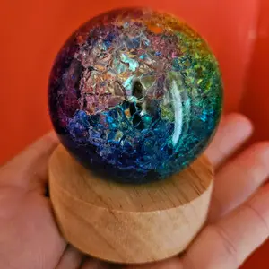 Glass Rainbow Crackle Sphere, LED Light Base Included