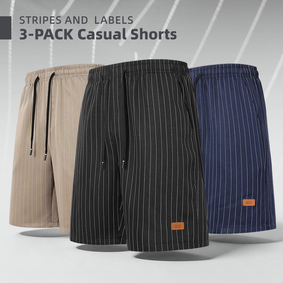 3-pack men’s casual shorts with vertical stripes, loose straight cut, drawstring elastic waistband, minimalist retro style, versatile for everyday commuting