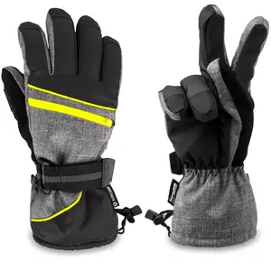SUN CUBE Ski Gloves Men Women, Waterproof Thermal Winter Snow, 3M Thinsulate Pocket Cold Weather Outdoor Snowboard (Gray/Yellow Trim, Large)