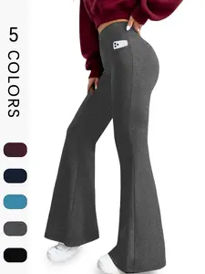 Women's Super Soft Flare Pants with Pockets, High Stretch Bottoms, High Waisted Tummy Control Bell Bottoms, No See Through Workout Yoga Leggings