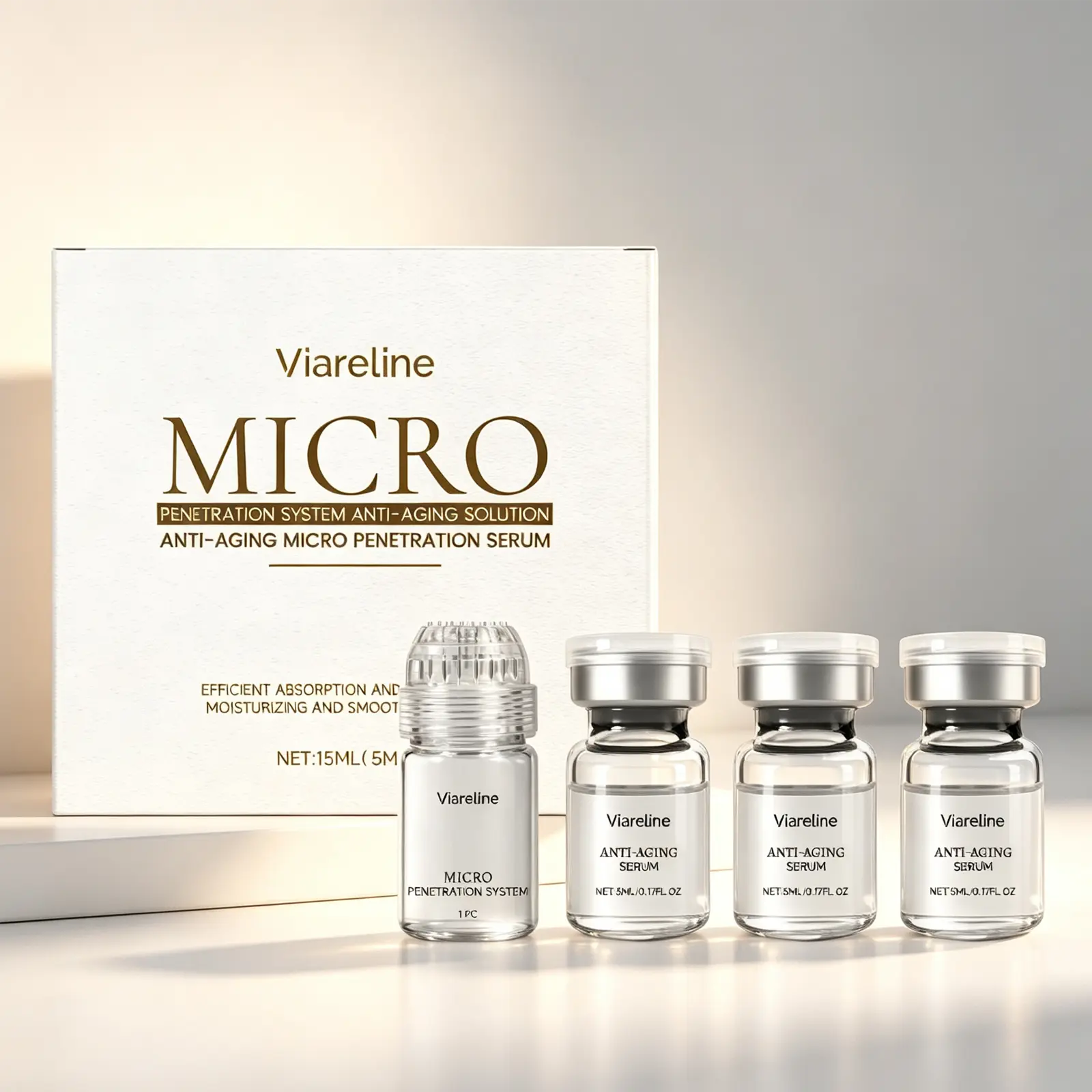 Viareline Facial Roller Set containing firming and anti-ageing serum: 5ml x 3, microneedle x 1, empty bottle x 1; for gentle daily care to keep your skin smooth, soft and moisturised Recovery Skincare Serum