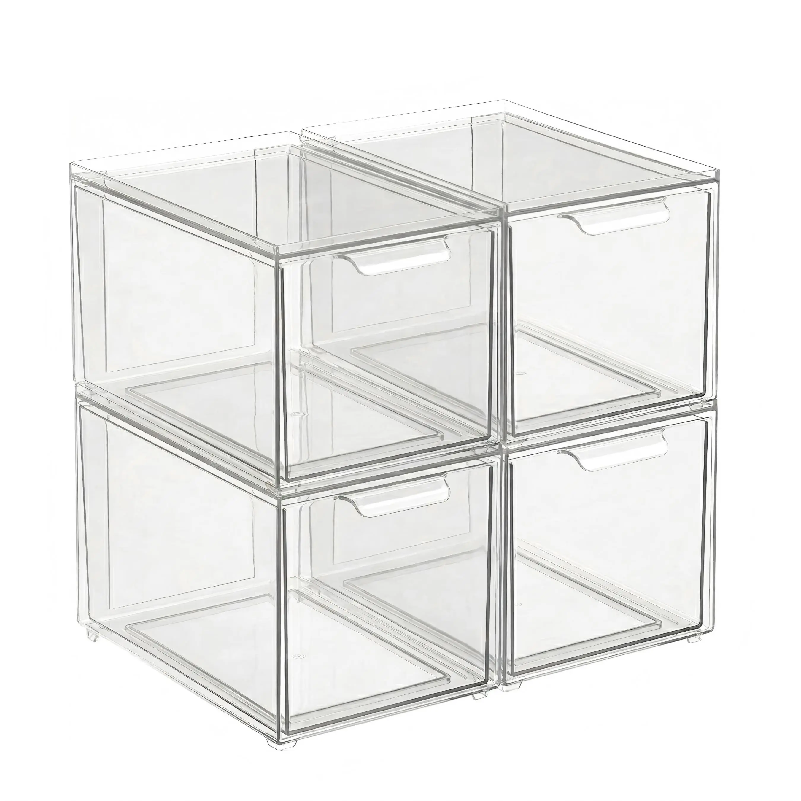 4 Pack Clear Stackable Storage Boxes with Drawers – Stacking Drawer Bins for Makeup, Jewelry, Office, Bathroom, Dustproof & Easy Clean