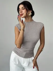 Ribbed Mock Neck Cap Sleeve Top, Form-Fitting Knit Basic, Ideal for Office & Casual Wear, Comfortable and Stylish Design