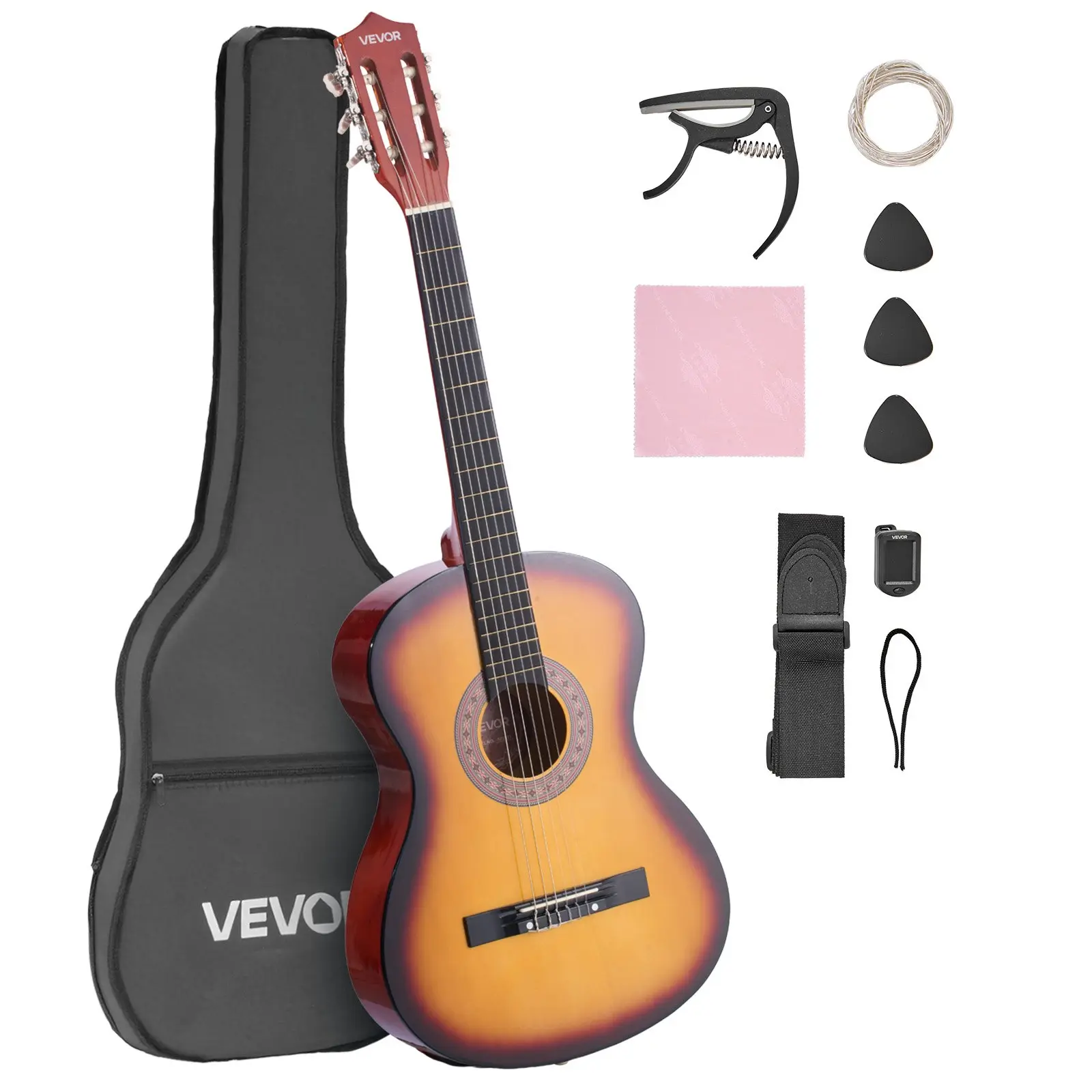 fathersdaygift VEVOR Classical Guitar, 38 Inch, Wood Classical Guitar Starter Kit for Beginners, with Nylon Strings, Gig Bag, Strap, Tuner, Extra String, Pick, Capo, Basswood, for Teenagers Adults Students, Sunburst