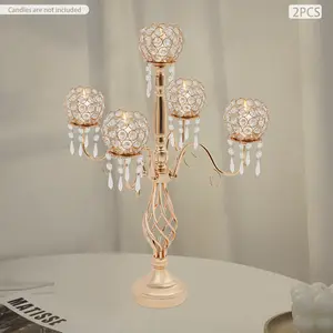 CNCEST 2-Piece 5-Arm Gold Crystal Candelabras, 26in Electroplated Iron Candle Holders with Crystal Beads, Ideal for Wedding Decor & Table Centerpiece, Five Arms