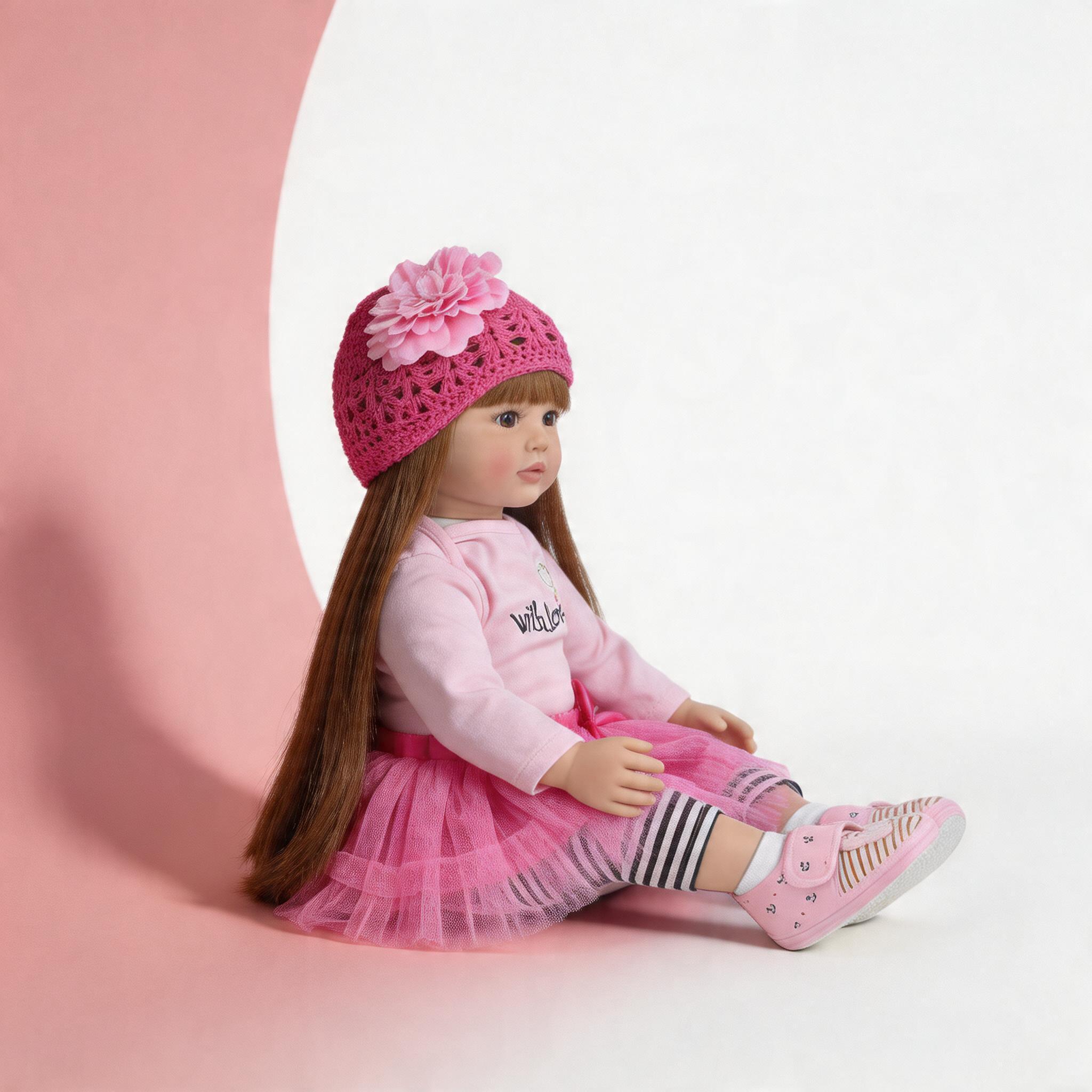 22-Inch (55 cm) Reborn Doll — Featuring Beautiful Large Eyes, a Pink Dress, and a Matching Hat. An Ideal Companion Doll, Perfect for Holiday or Birthday Gifts.
