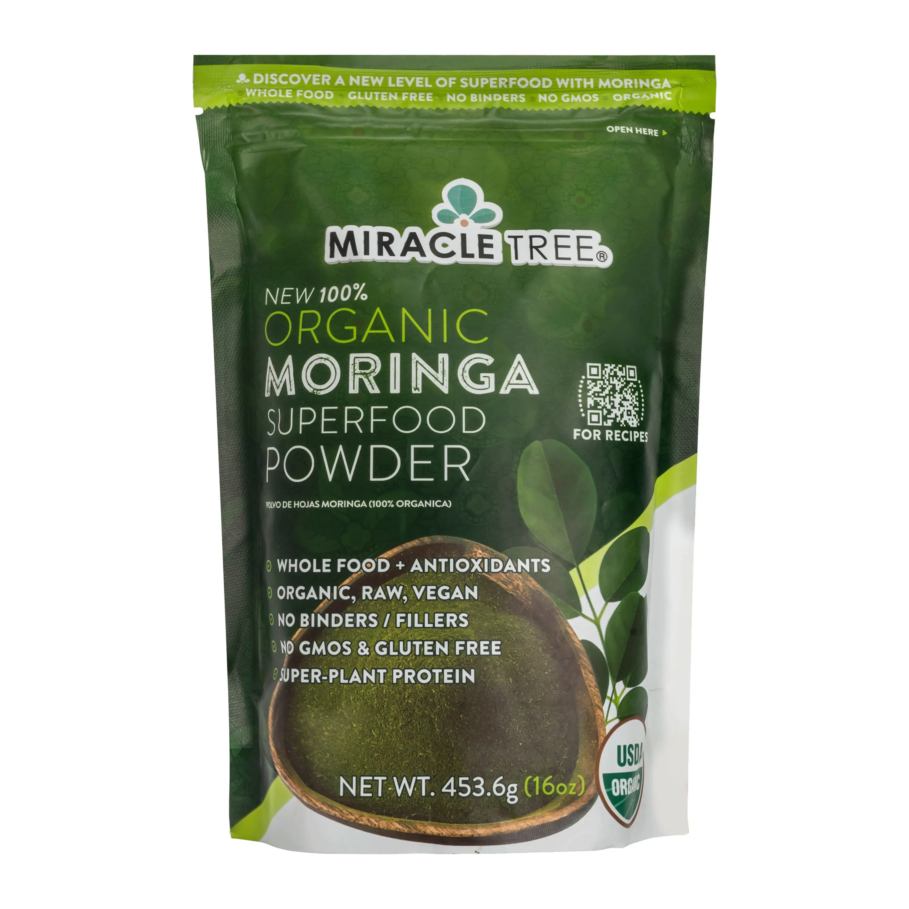 Miracle Tree Organic Moringa Superfood Powder - 16oz Pouch 1 lb USDA Certified Pure Moringa Leaf Powder for Smoothies Juices Soups Baked Goods - Healthcare, Vitamin