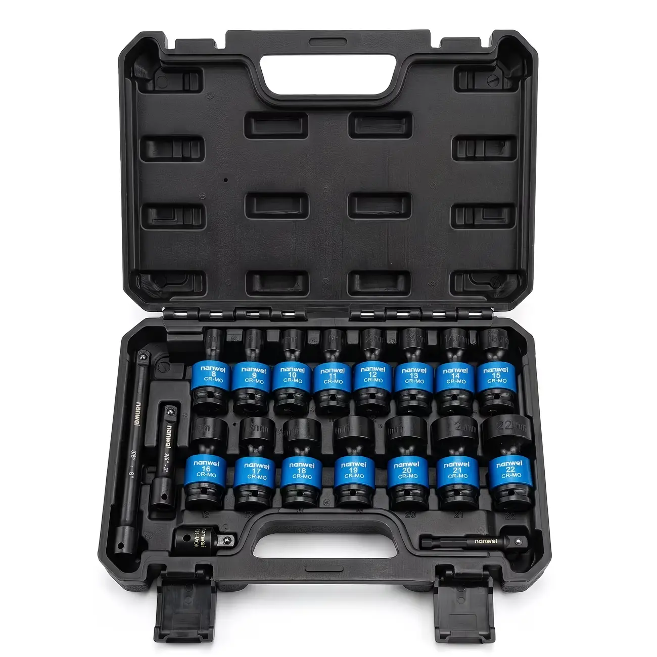 NANWEI 19pcs CR-MO Steel Impact Socket Set, 3/8-in Drive, Metric 8-22mm 6-Point, Flexible Swing Design, Rust-Proof Auto Repair Tools Kit with Extension Rod & Adapter