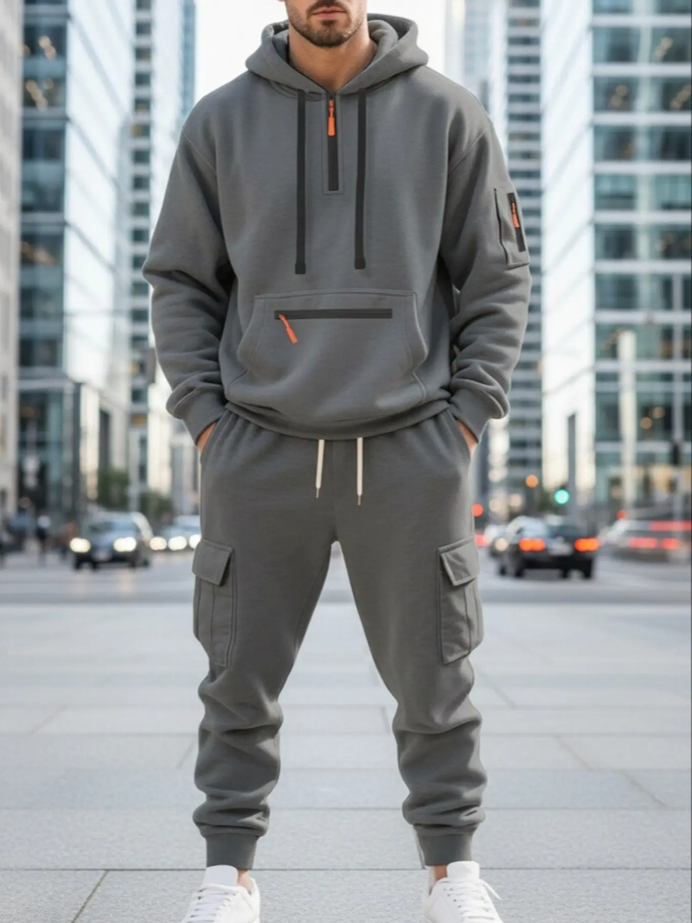 A 2-piece heavy-duty, thickened, loose men's long-sleeved quarter zipper hooded sweatshirt with multiple pockets, skin-friendly, warm and windproof, suitable for daily casual outdoor fitness activities, gifts for  boyfriend christmas gifts, Heavy Hoodie