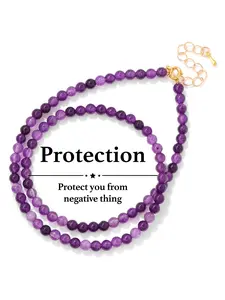 Handmade Amethyst Beaded Healing Crystal Bracelet Necklace Set, Includes Motivational Pocket Blessing Card, Stress Relief Chakra Energy Jewelry Gift