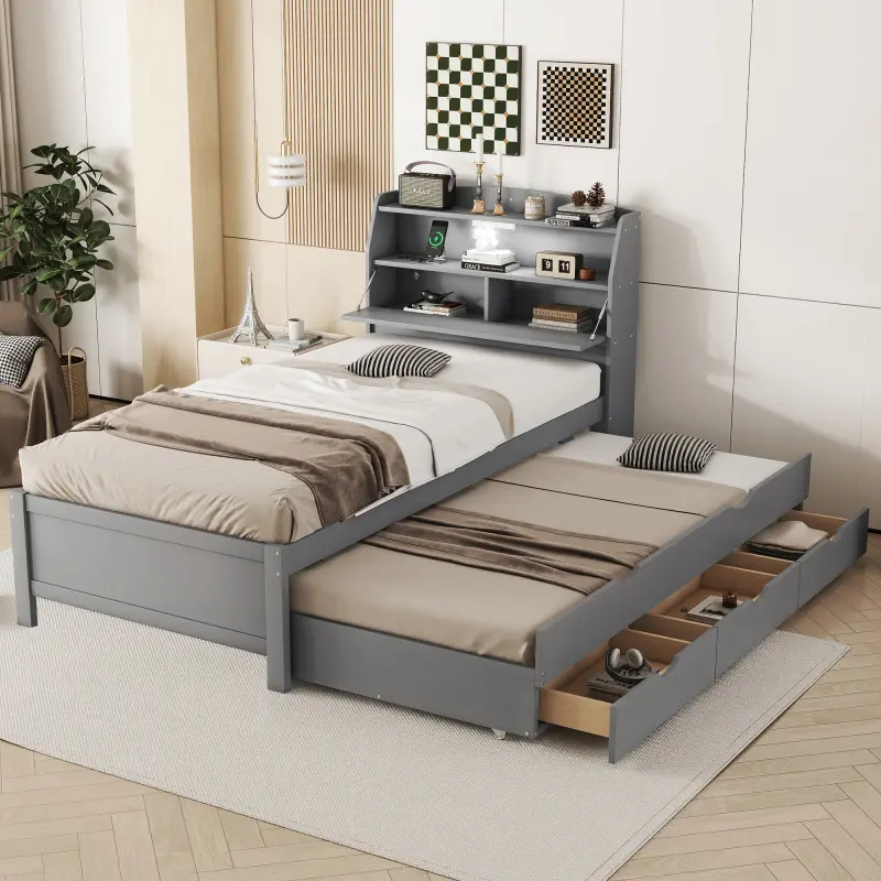 Twin Size LED Bed Frame with Trundle, Wooden Platform Bed with Bookcase Storage Headboard and 3 Drawers, No Box Spring Needed, Led Bed Frames