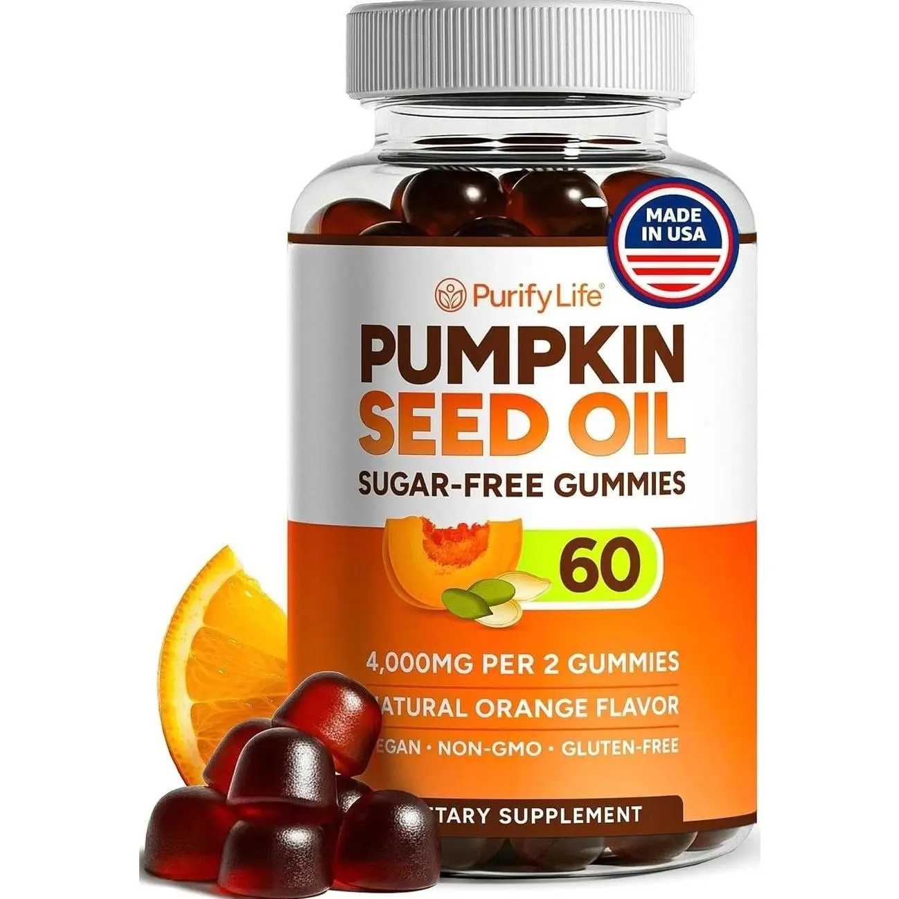 Sugar-Free Pumpkin Seed Oil Gummies (4,000mg/serving) Pumpkin Seed Oil for Hair Growth, Youthful Skin, Prostate Health, Immune & Urinary Tract Support-Natural Source of Essential Fatty Acids, 60ct