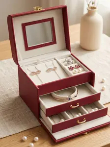 Premium 3-Layer Jewelry Box Organizer for Women, PU Leather Large Storage Case with Velvet Lining & Mirror, Vintage Red