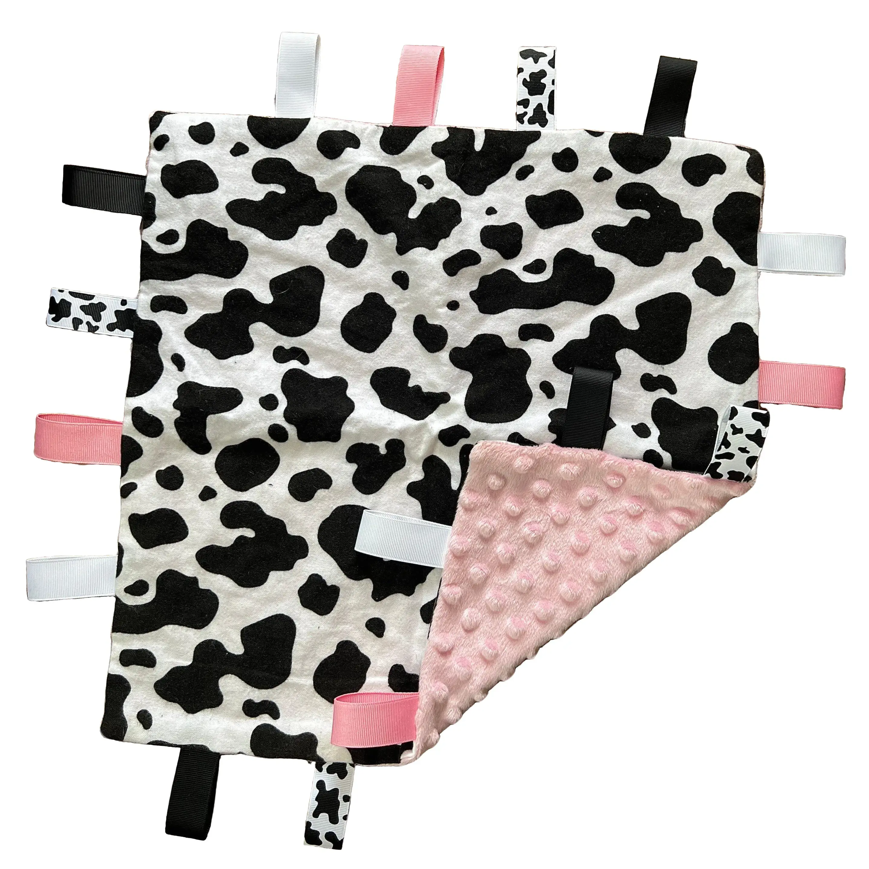 Cow Print Taggie Blanket with Pink Backing Cow Print Taggie Blanket with Pink Backing