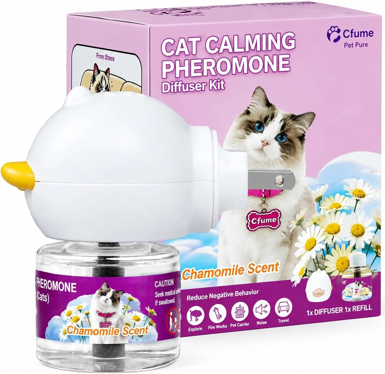 60-Day Long-Lasting Cat Calming Diffuser — Relieves stress, destructive behavior, inappropriate urination, separation anxiety, barking, aggression, and biting — Includes 60-day refill — Packaging may vary —Results may vary by cat  Ready to use immediately