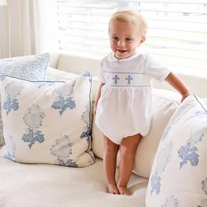 Smocked Blue Cross White Boy Bubble - Sweet Outfit for Little Boys for Easter or Baptism